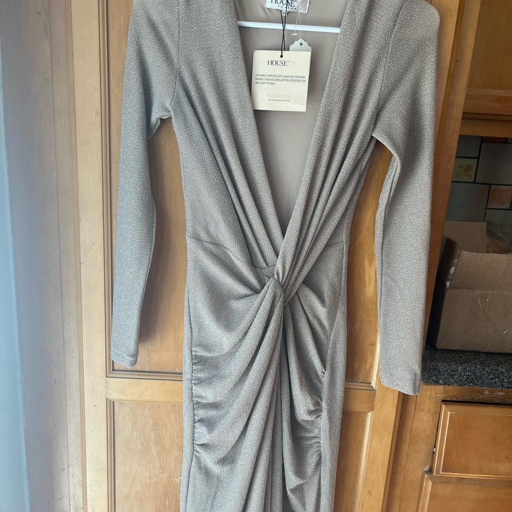 Gray Ruched Wrap Long Sleeve Dress